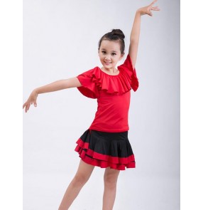 Red black patchwork girls kids children competition spandex performance school play school play latin salsa cha cha dance dresses outfits